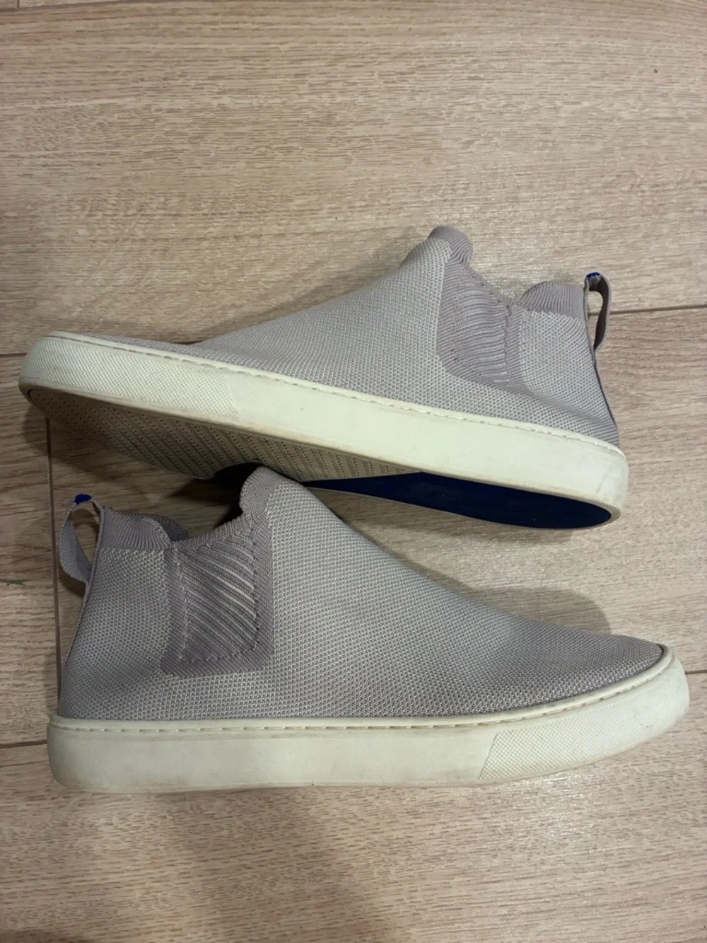 Rothy's Slip-On Sneakers in Light Taupe with Blue Pull Tab